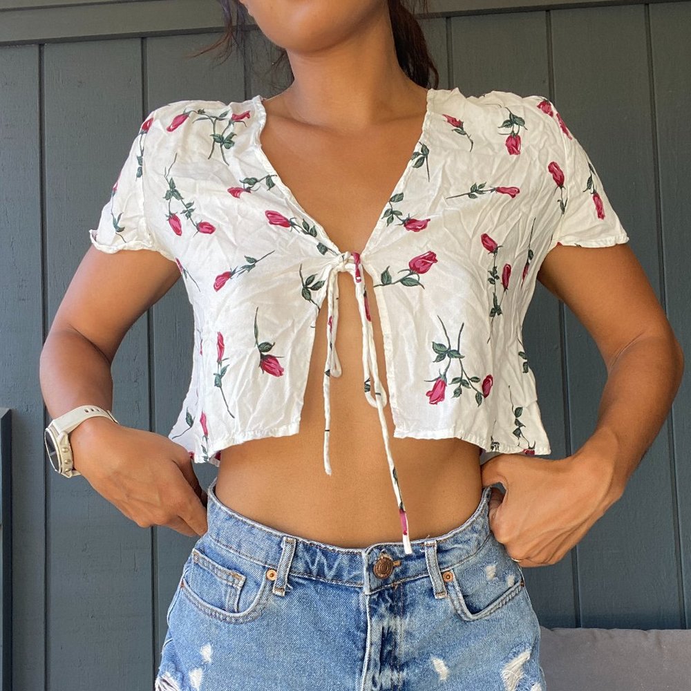 White Cropped Front Tie Top
